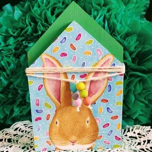 Hand Crafted Easter Decor/Mini Wood House/Tiered Tray Decor/Bunny & Jelly Beans